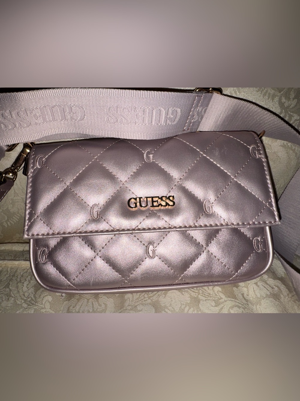 GUESS Quilted Metallic Rose Crossbody Bag with Branded Strap